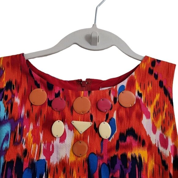 Belle Badgley Mischka Dress 2 Red Pink Ikat Sheath Fit & Flare Embellished - Picture 6 of 11